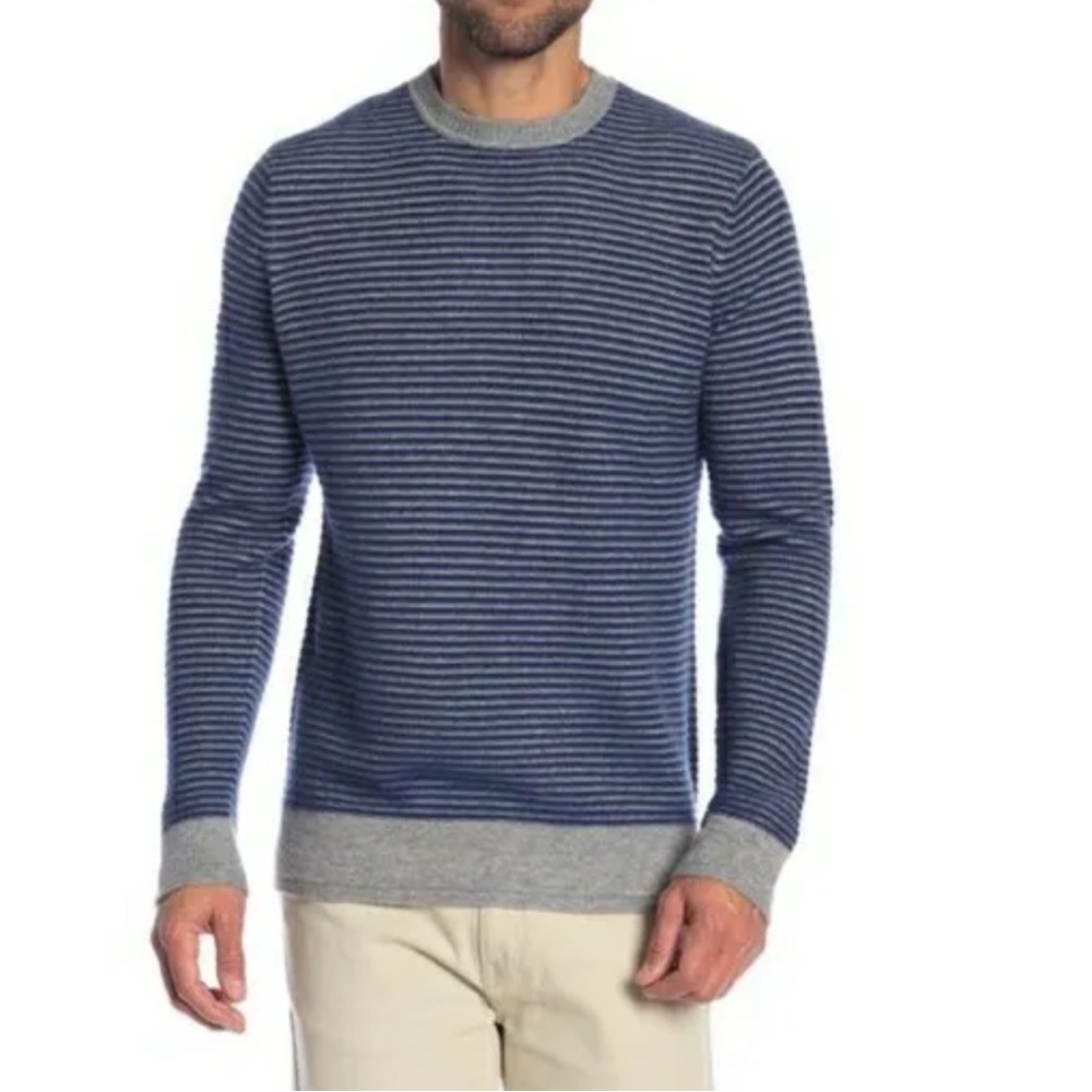 Qi Cashmere Men's Gray Blue Striped 100% Cashmere Pullover Sweater Size XL